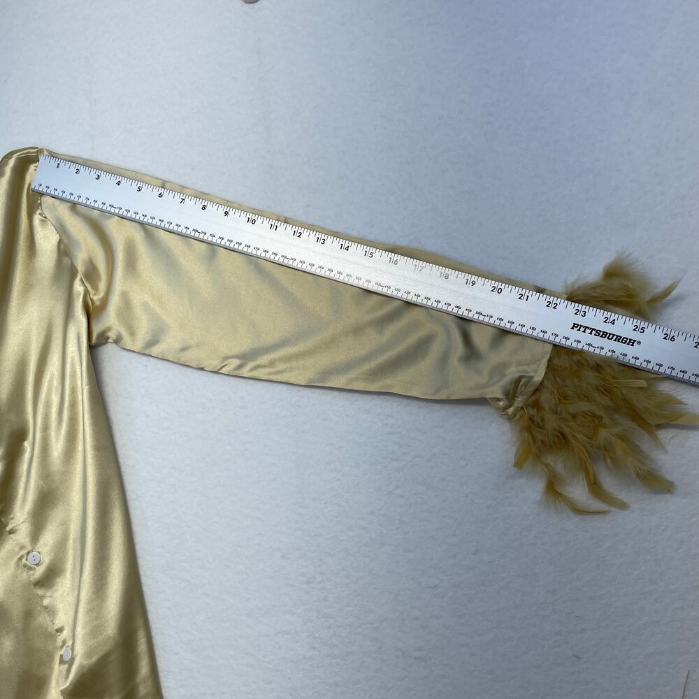 Satin Feather Cuff Blouse Pajama Style Button Up Y2K Old Hollywood Glam Top - Picture 7 of 8